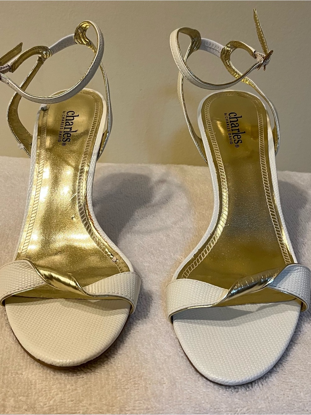 Charles by Charles David White and Gold Strappy Ankle-Heel Sandals